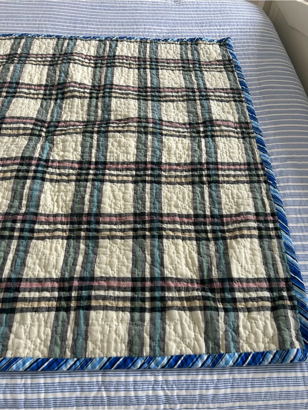 Hand stitched Blue Patchwork Baby Quilt. Size 37”x37”. Freshly laundered, ready